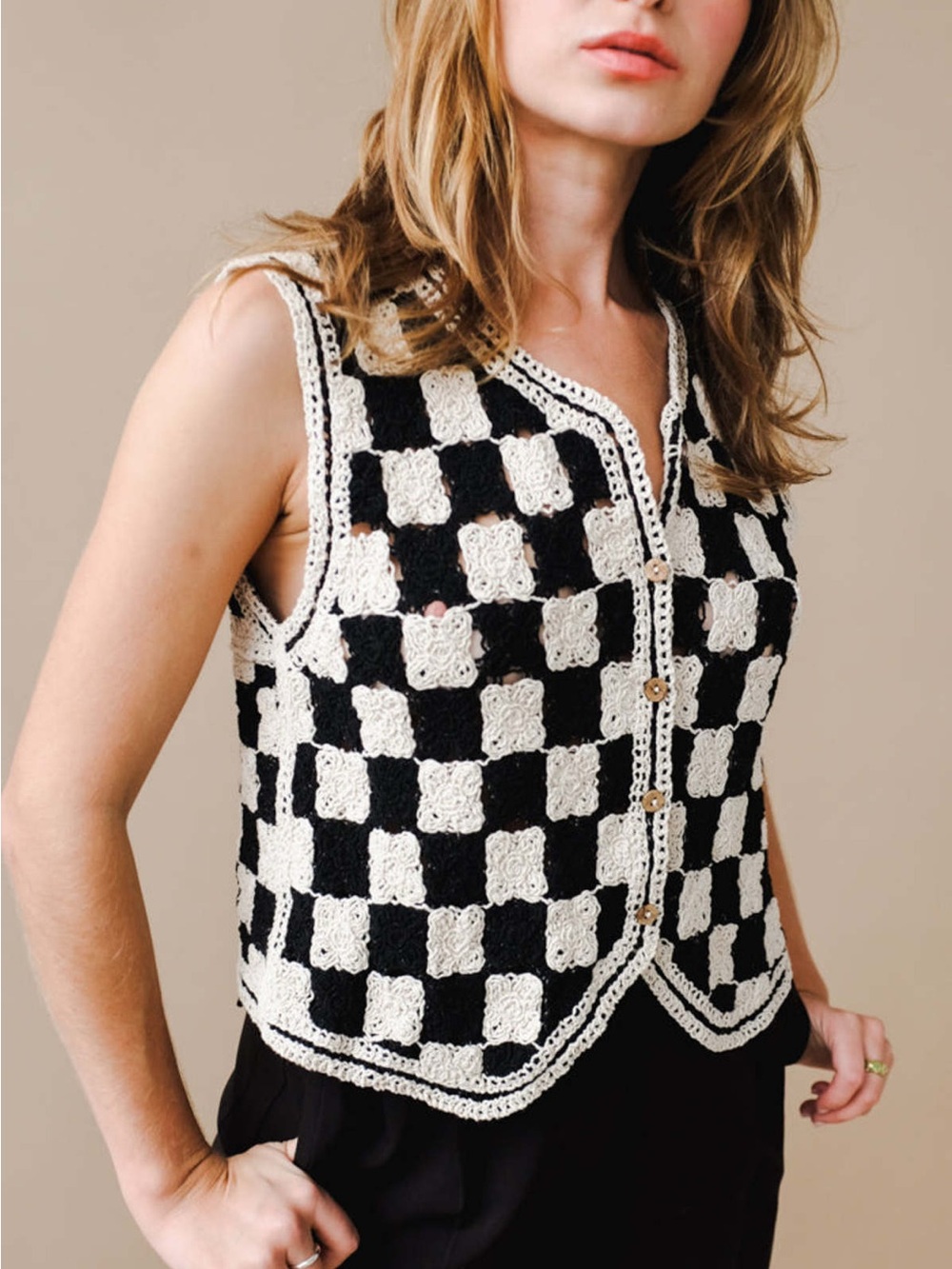 Black & Cream Crochet Checkerboard Cropped Vest - Women's Button Front Top